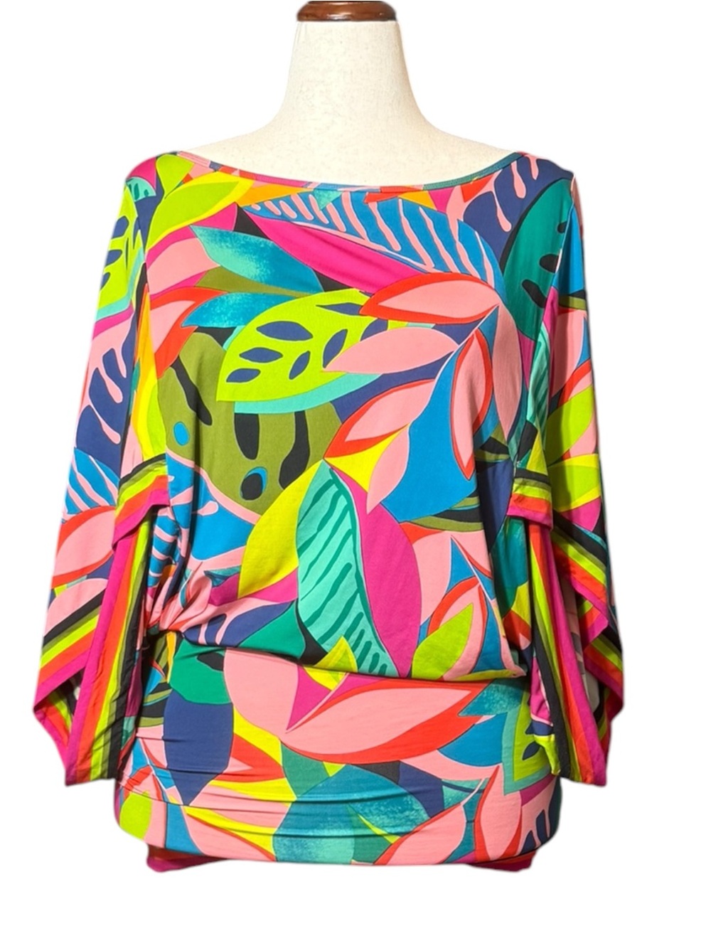 Tina Turk Vibrant Rainforest Leaf-Print Boatneck Tunic Pink, Teal & Lime Size M